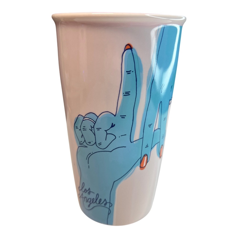 Starbucks Los Angeles Pink Blue Hands Ceramic Travel Mug 12oz Double Wall